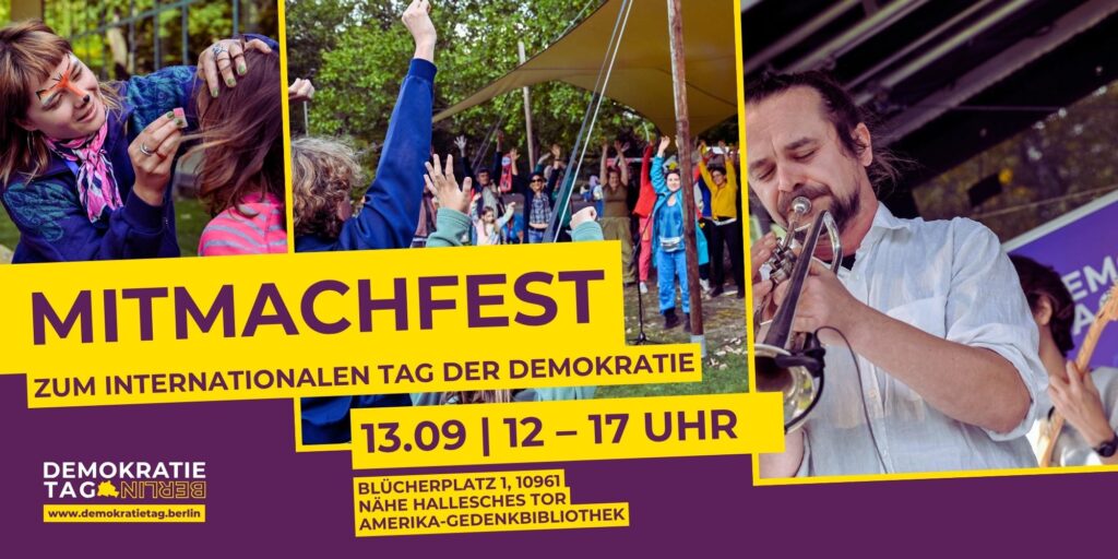 Mitmachfest zum Internationalen Tag der Demokratie Über 50 Vereine, NGOs und Unternehmen laden zum Mitmachen und Kennenlernen ein – ob Siebdruck, Demokratie-Quiz oder mit VR andere Welten entdecken, an den Ständen gibt es viel zu entdecken! Das vollständige Programm veröffentlichen wir Anfang August.